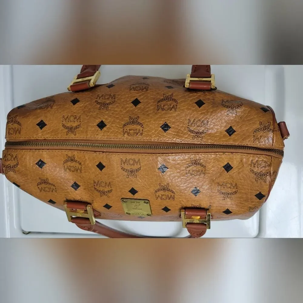 Authentic MCM Vintage Cognac Monogram Leather Visetos Boston Bag